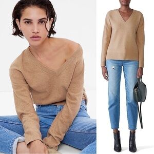 BROWN ALLAN Extra Fine Merino Wool & Yak Knit V-Neck Oversize Pullover Sweater L